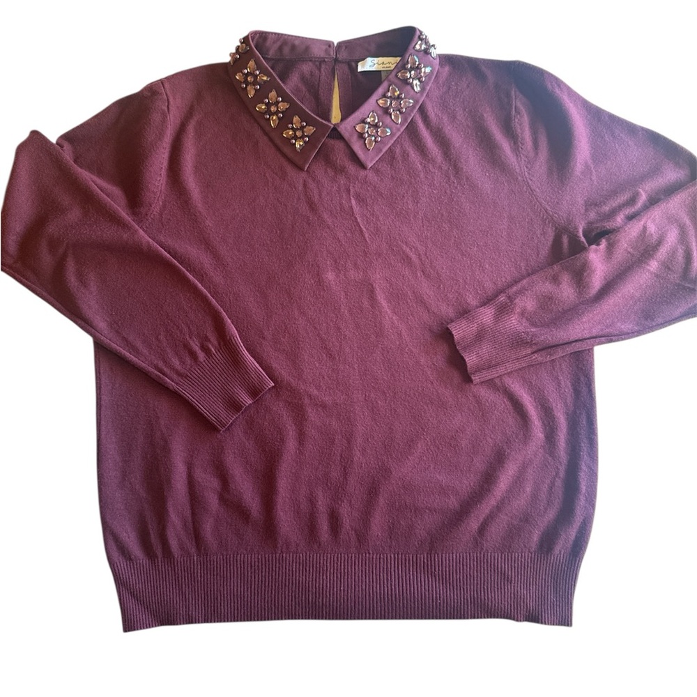 Sioni Embellished Collar Burgundy Sweater Lg - Picture 1 of 6